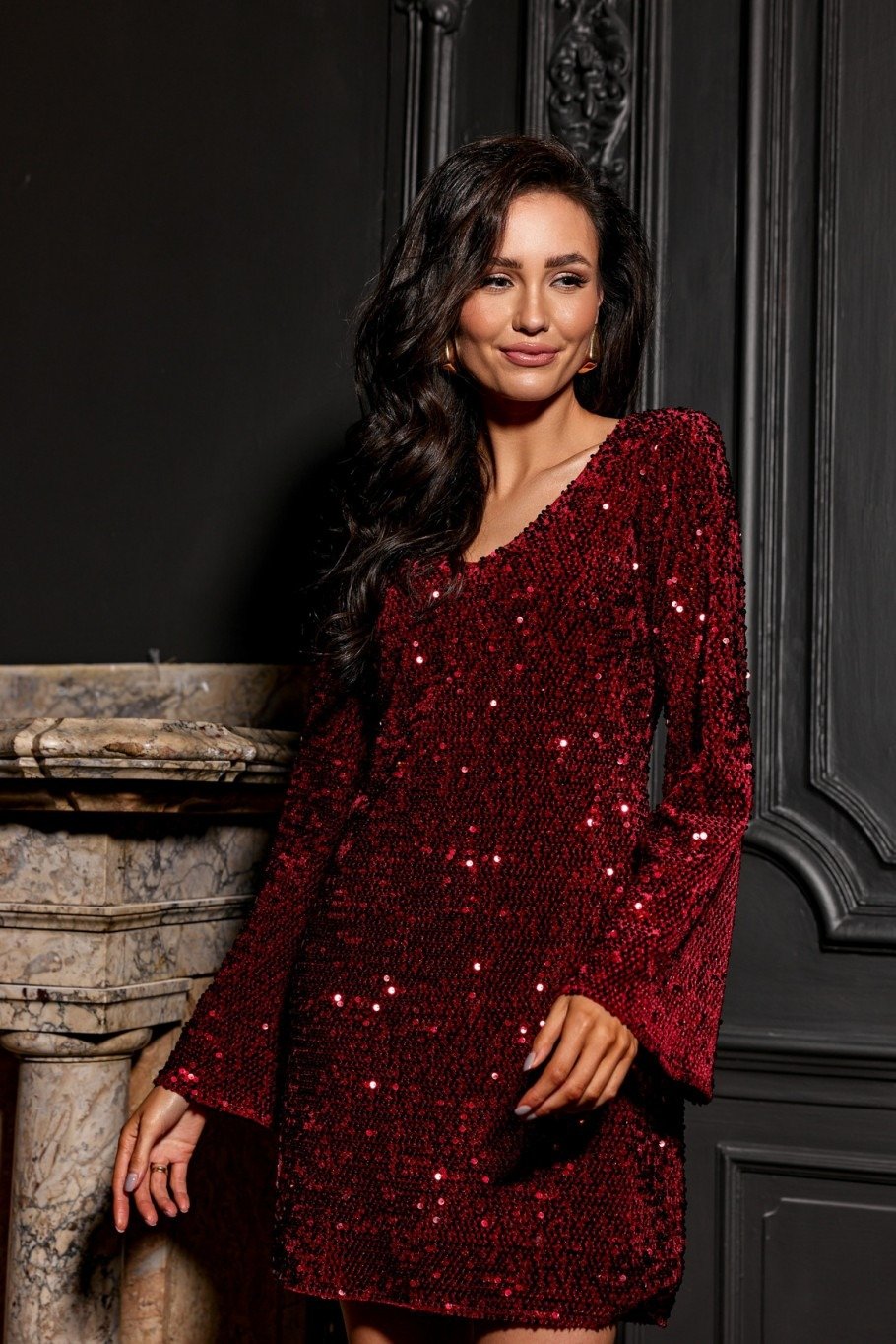 Rochie scurta burgundy din paiete cu maneca lunga OpheliaR